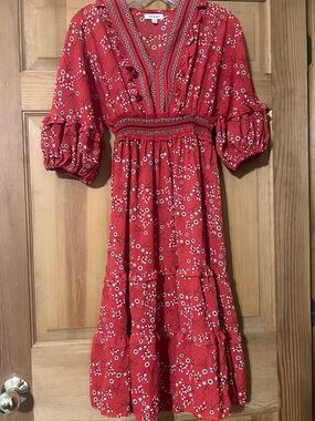 Max Studio Red Floral V-Neck Smocked Midi Dress